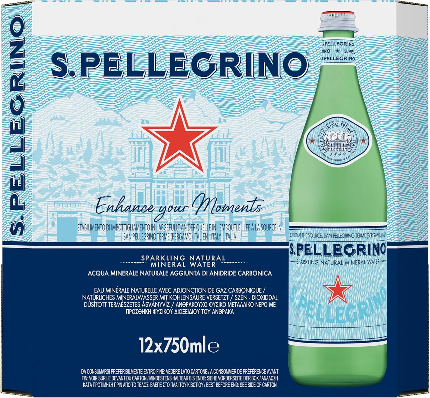 S.Pellegrino Sparkling Natural Mineral Water – 12 x 750ml (Glass Bottles)