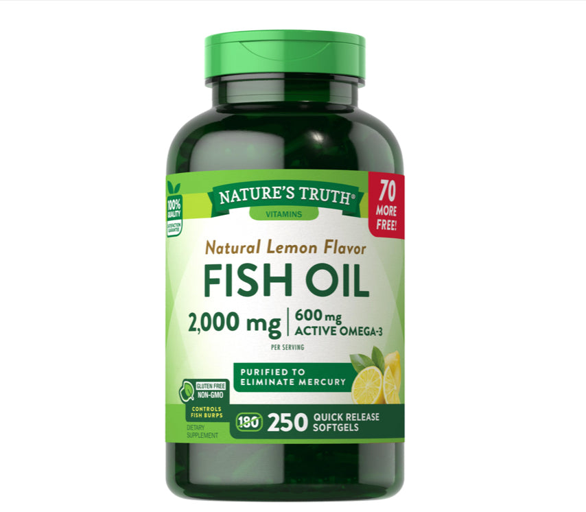 Nature's TruthFish Oil 2000 mg 600 mg Omega 3 250 Softgels Natural Lemon Flavor Non GMO and Gluten