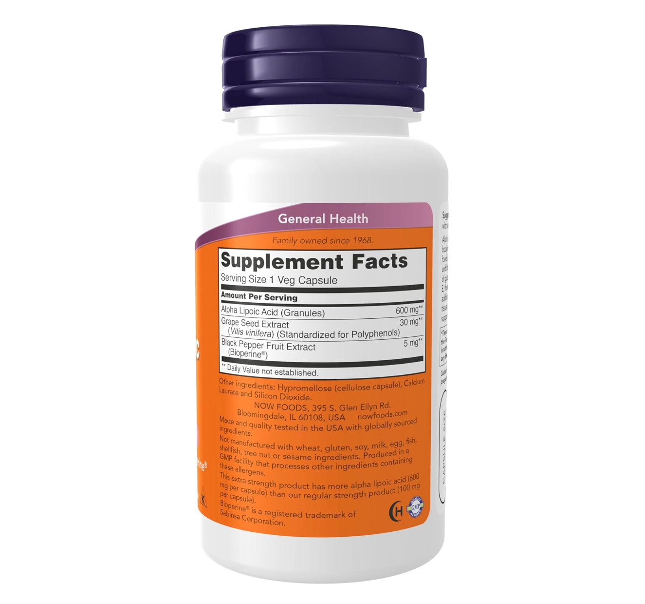 Now Foods Alpha Lipoic Acid 600 mg, Extra Strength with Grape Seed Extract & Bioperine 60 Veg Capsules